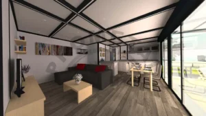 interior Casa prefabricada de aluminio Modelo Coín de 2 dormitorios