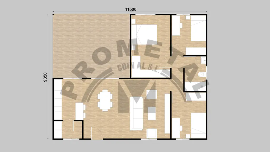 plano Casa prefabricada de aluminio Modelo Málaga de 3 dormitorios Prometal
